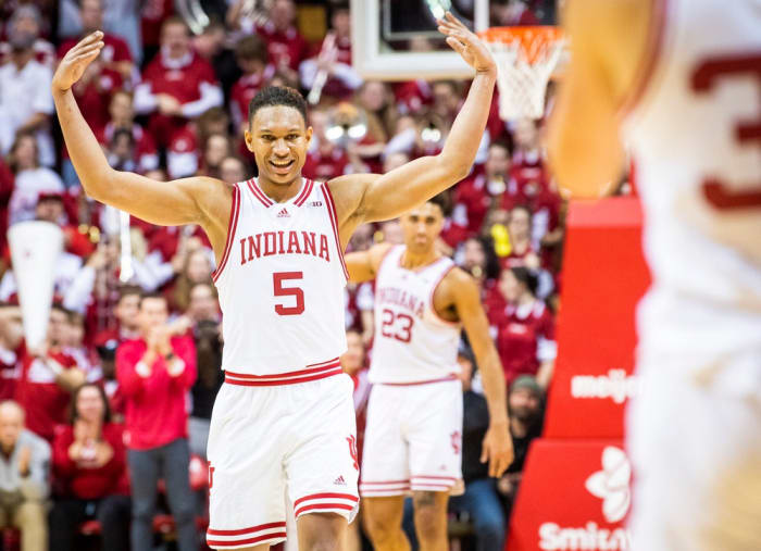 Indiana's Malik Reneau (5) celebrates during the second half of the Indiana versus Michigan State men's basketball game at Simon Skjodt Assembly Hall on Sunday, Jan. 22, 2023.
